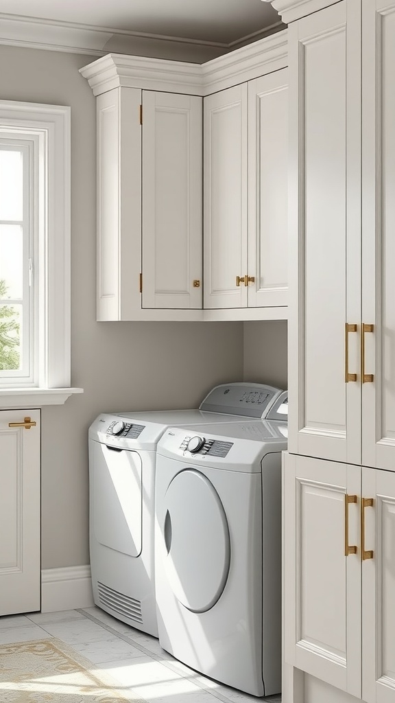 Elegant farmhouse laundry room with white cabinets and washing machines