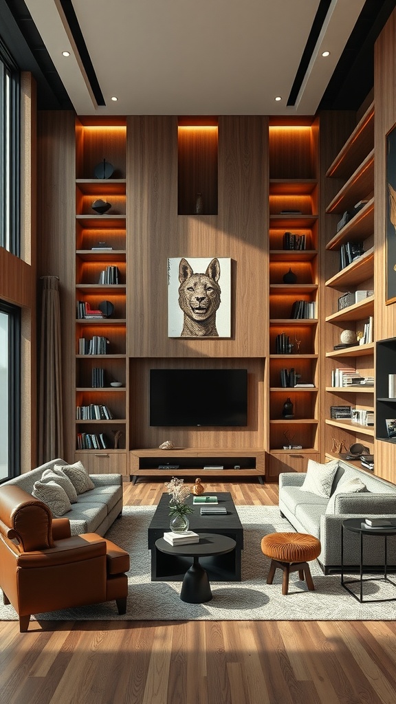 Stylish living room with custom built in shelves, showcasing books and decor with warm lighting.