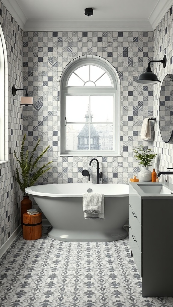 A stylish Scandinavian bathroom featuring custom tile patterns in gray tones.