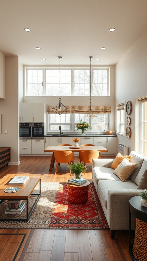 A bright open kitchen and living room with modern furniture and warm colors.