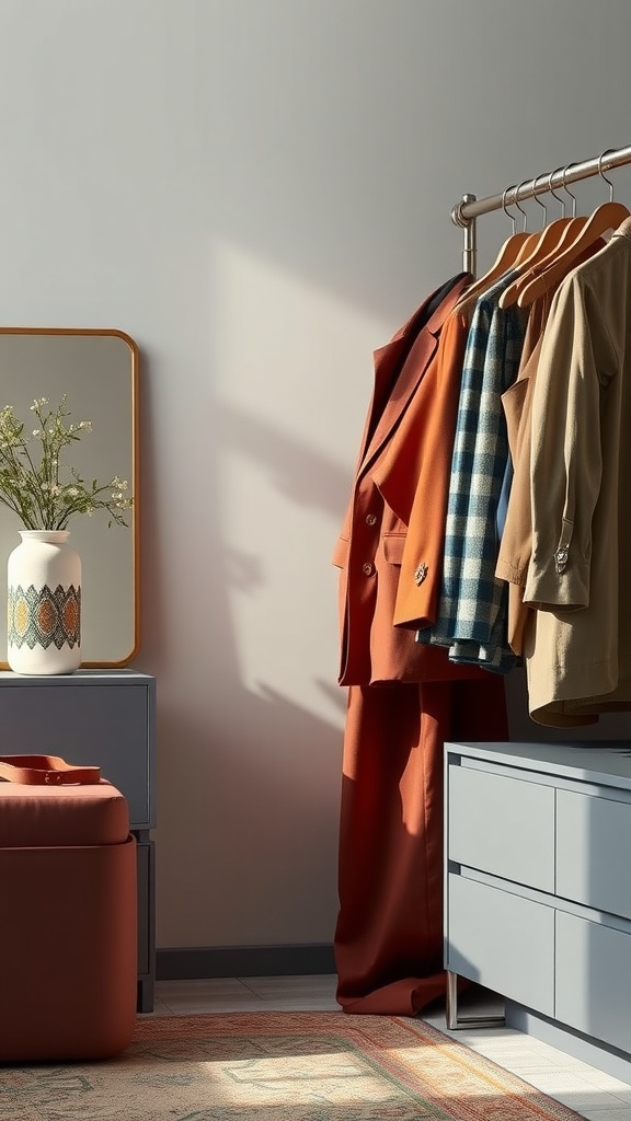 A stylish wardrobe setup featuring hanging clothes, a mirror, and a storage unit.