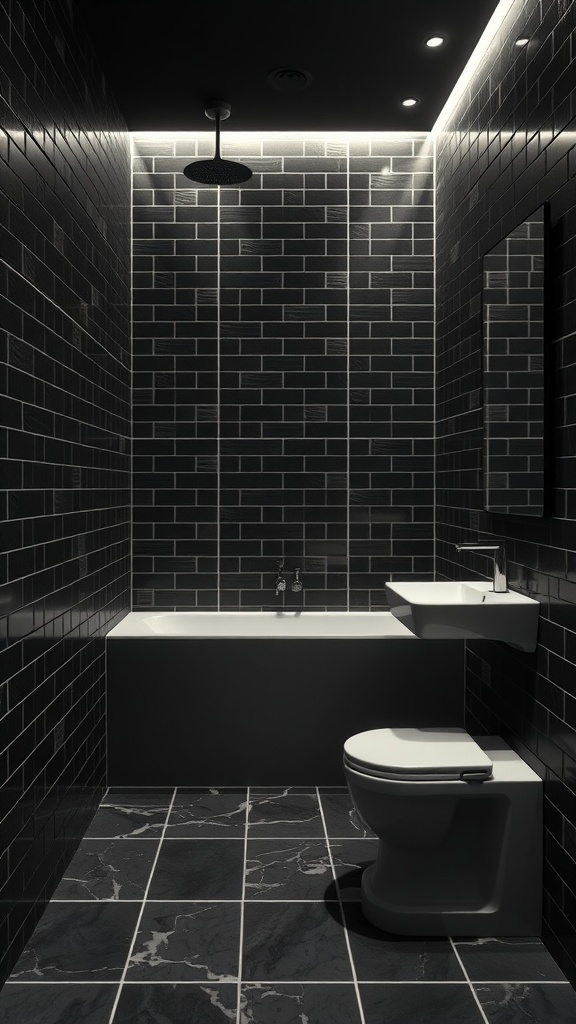 A modern bathroom featuring dark tiles on the walls and floor, paired with sleek fixtures and lighting.