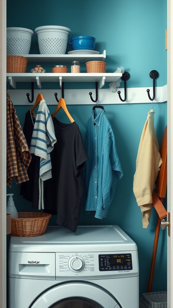 Small laundry room with decorative hooks and organized shelves