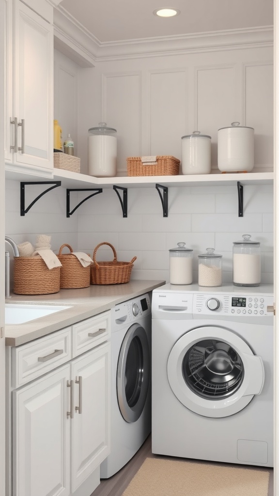 A well-organized laundry room featuring decorative storage jars on shelves.