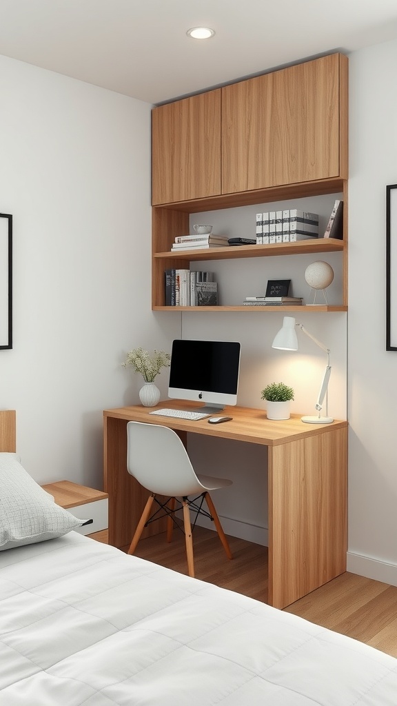 Cozy workspace in a small bedroom with a wooden desk and shelves.