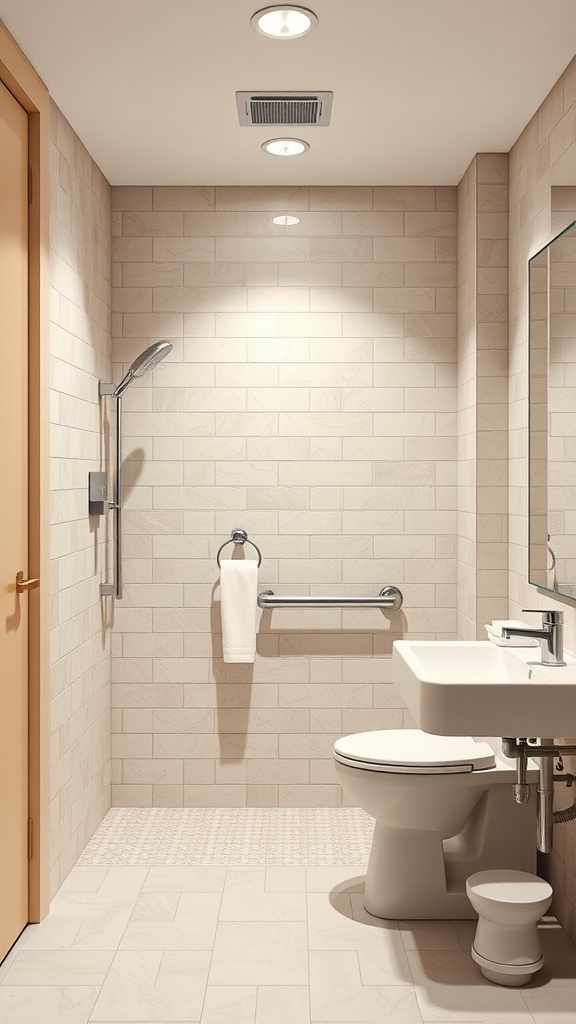 Accessible bathroom design featuring modern tile, grab bars, and spacious layout.