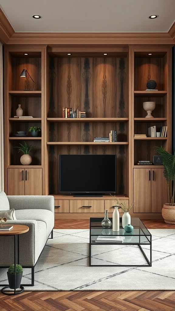 Stylish built-in shelves in a living room with a cozy sofa and modern decor