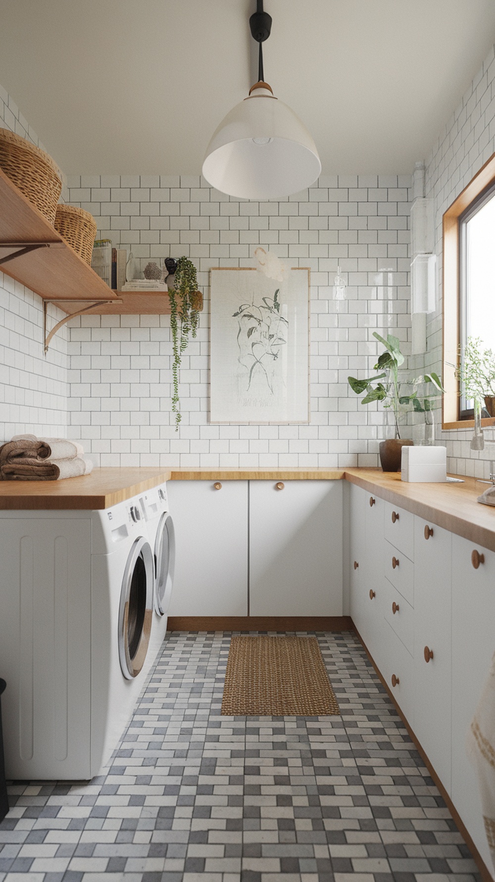 A minimalist small laundry room with white cabinetry, stacked washer and dryer, and wooden shelves featuring plants and decor.