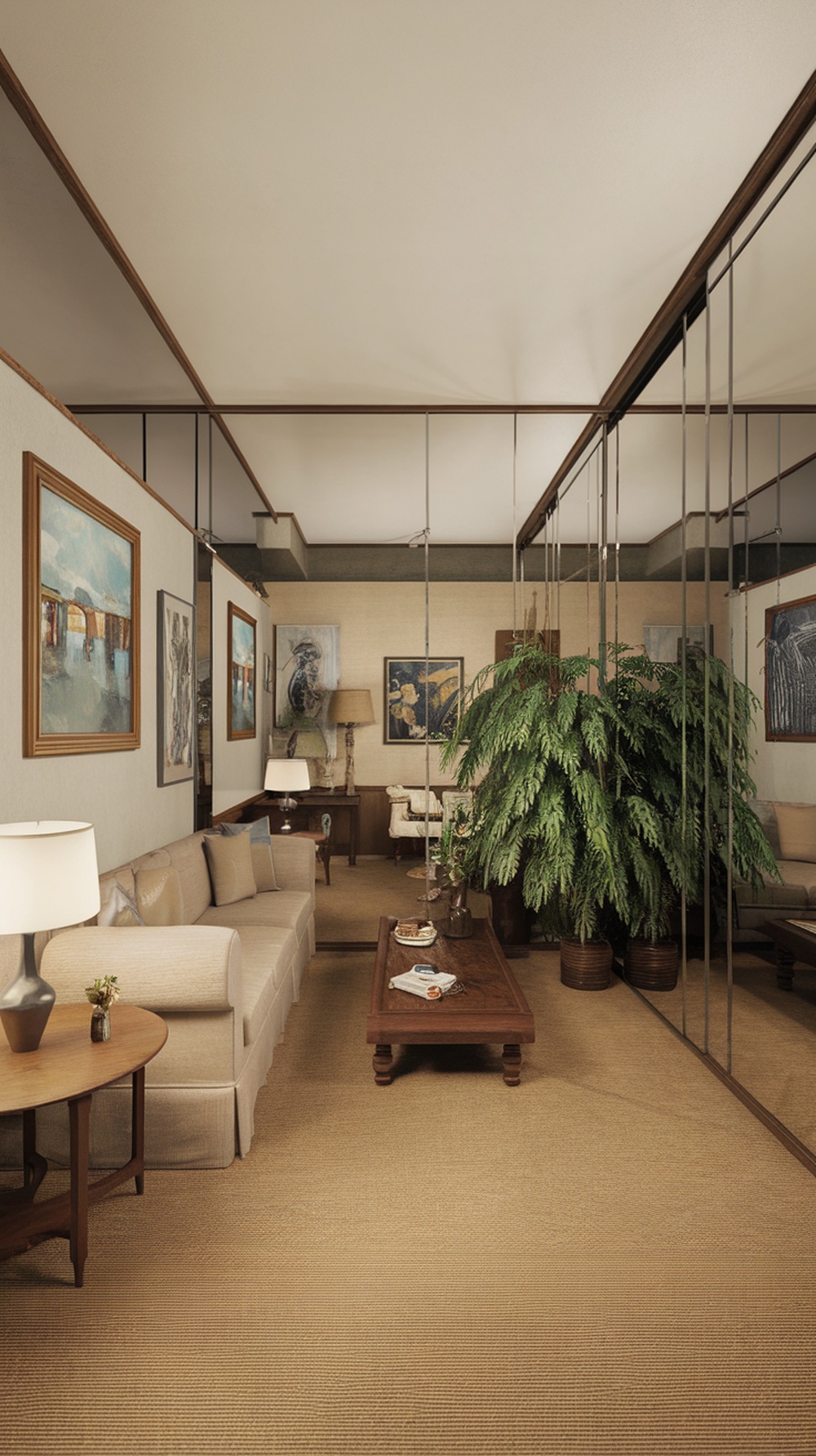 Cozy small apartment living room with mirrors and plants