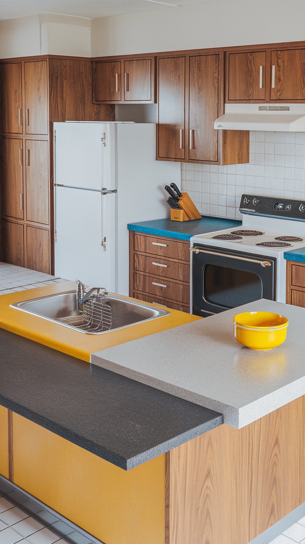 A Mid Century Modern Kitchen featuring colorful countertops in yellow, gray, and black with wooden cabinets.