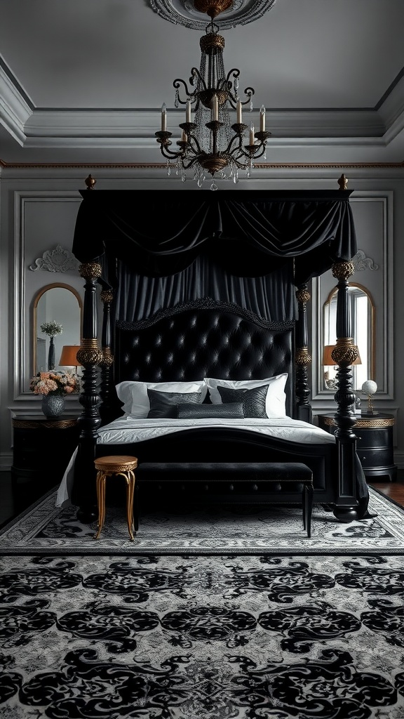 A luxurious black canopy bed with intricate details, set in a well-decorated bedroom featuring black and white decor.