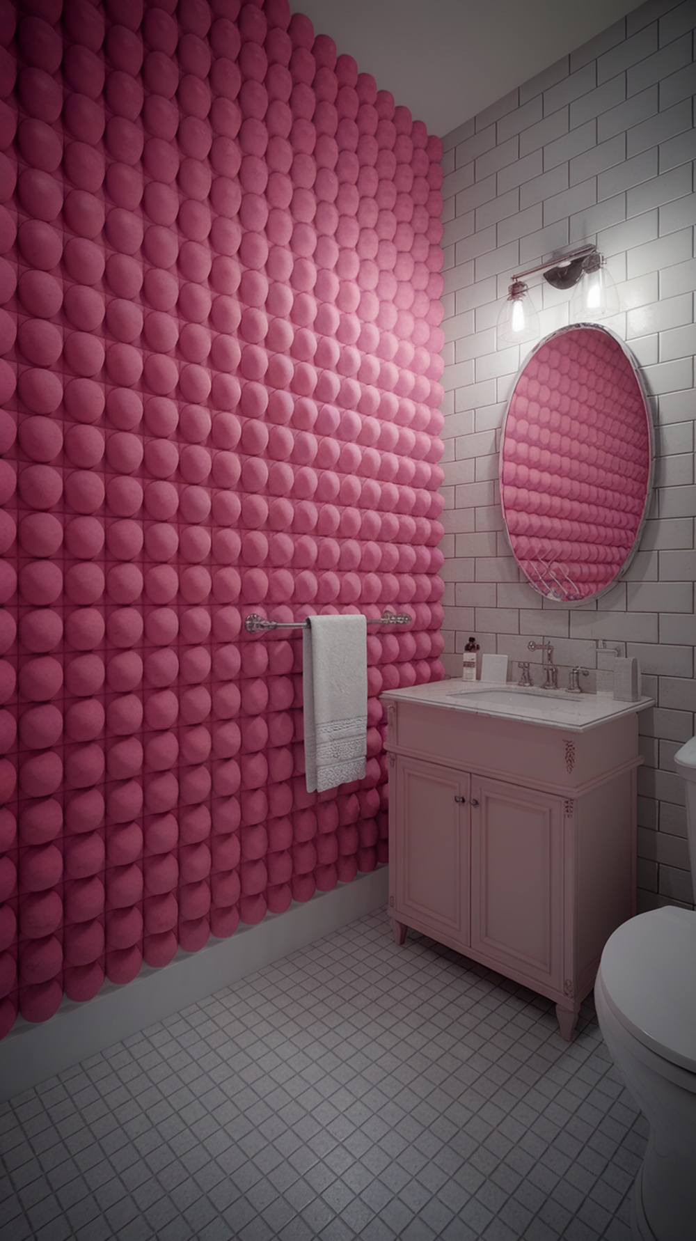 A modern bathroom featuring a dramatic pink accent wall with textured design, white tiles, and stylish fixtures.