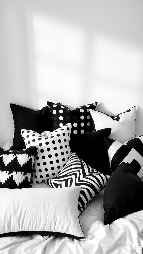 A collection of black and white throw pillows with different patterns on a bed.