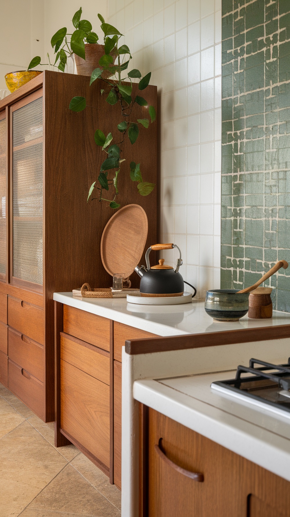 A mid century modern kitchen featuring wooden cabinetry, houseplants, and organic decor accents.