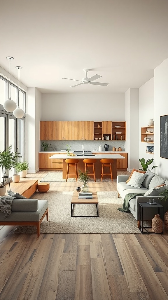 A spacious open kitchen and living room featuring natural wood elements, modern furnishings, and plants.