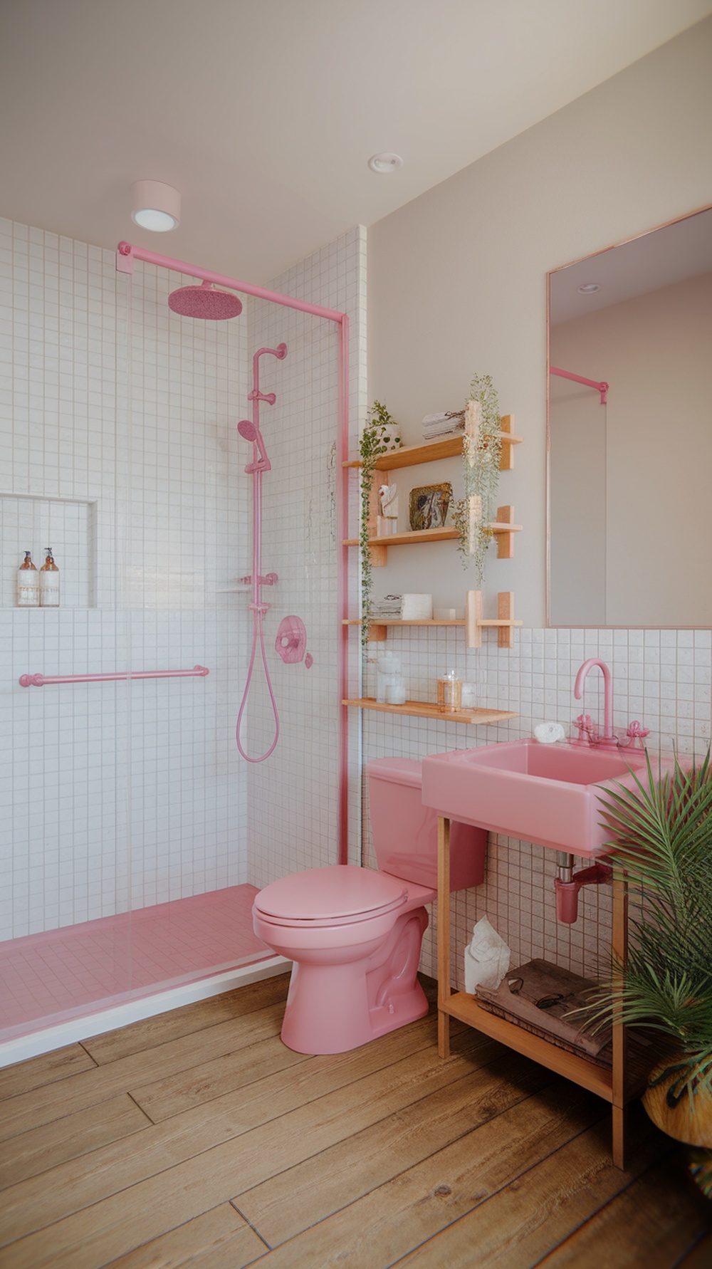 Eco-friendly pink bathroom featuring pink fixtures, wooden accents, and plants.