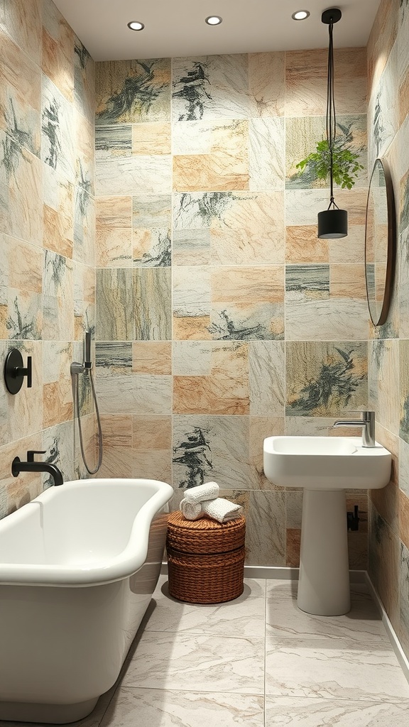 A stylish bathroom with eco-friendly tiles featuring earthy tones and textures.