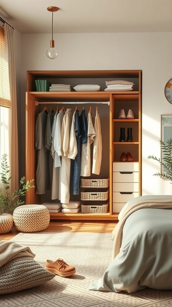 Eco-friendly wardrobe design featuring a wooden wall wardrobe with organized clothing and storage.