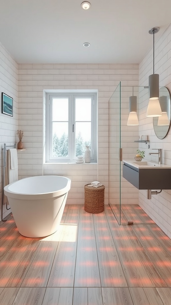 A bright Scandinavian bathroom with red patterned flooring and modern fixtures