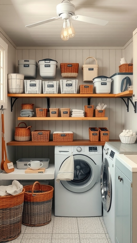 A stylish farmhouse laundry room with organized shelves, labeled baskets, and a washing machine.