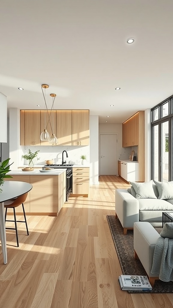 Image of an open kitchen and living room with modern design elements