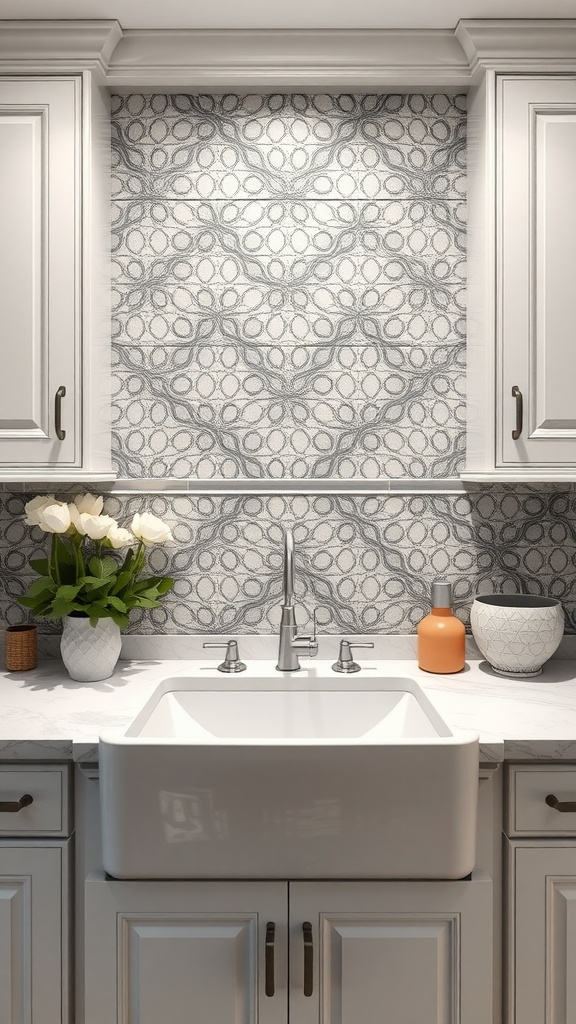 Elegant laundry room with a stylish backsplash featuring a wave pattern, a farmhouse sink, and decorative elements.