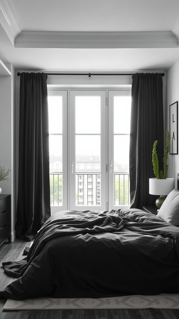 A stylish bedroom featuring black curtains, a cozy bed, and a modern aesthetic.