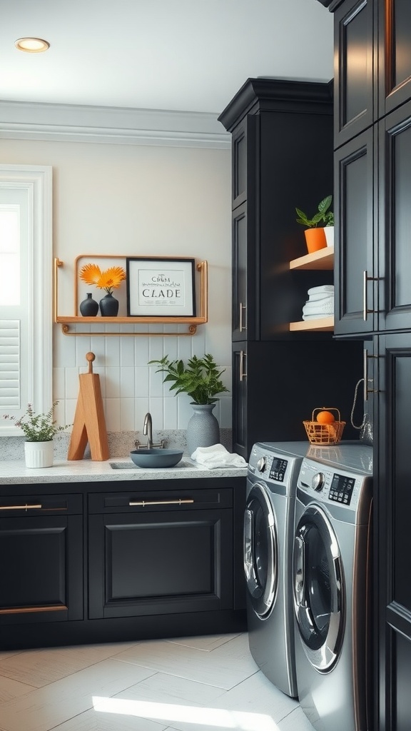 An elegant laundry room featuring black cabinetry, modern appliances, and vibrant decor.