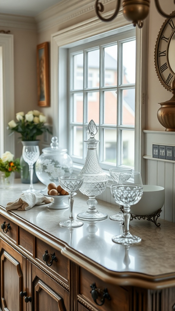 An elegant display of crystal dishware on a vintage wooden cabinet in a kitchen