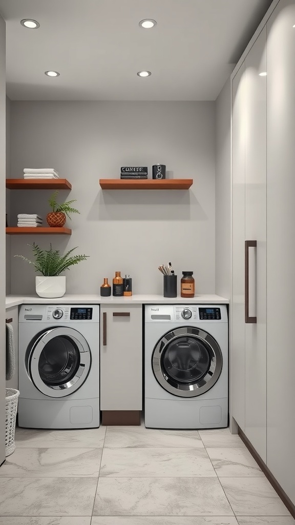 A modern laundry room featuring sleek washing machine and dryer with stylish storage solutions.