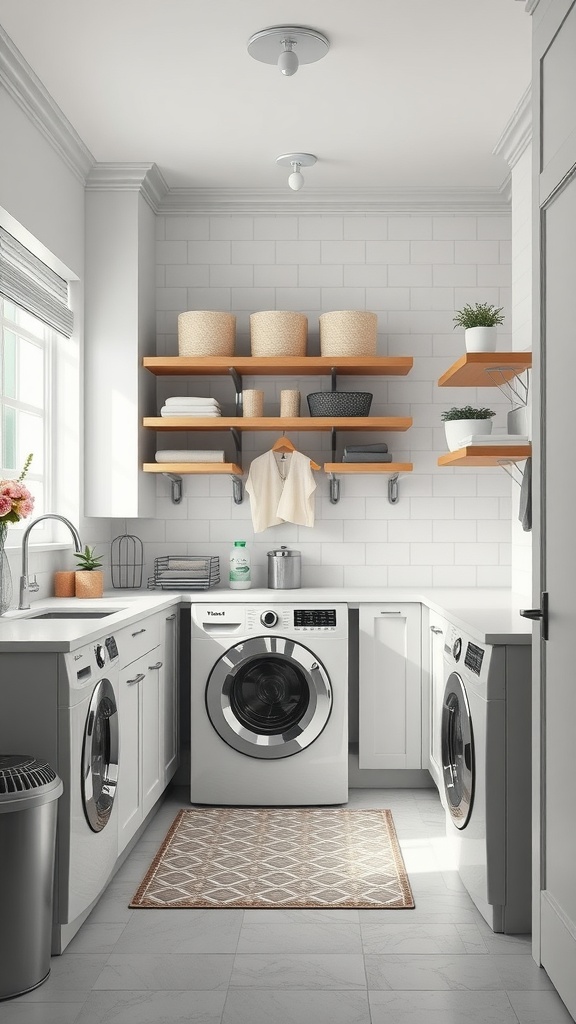 A modern and elegant laundry room with white cabinetry, wooden shelves, and a stylish rug.