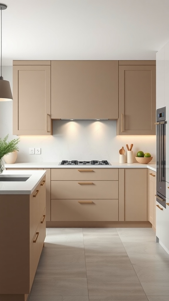 A modern kitchen featuring two tone kitchen cabinets in soft beige tones.