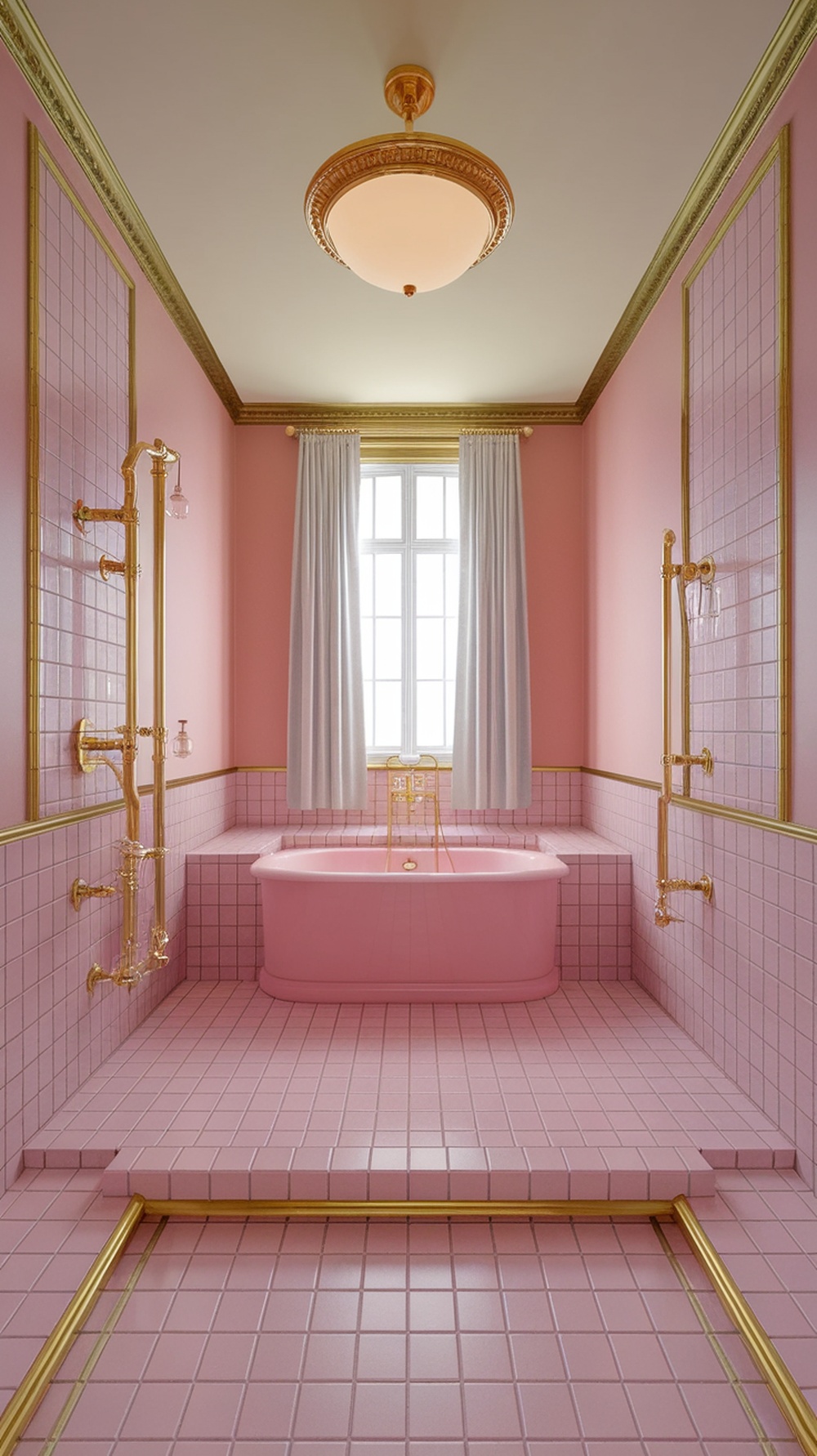 Elegant pink bathroom with gold accents, featuring a freestanding bathtub and large window