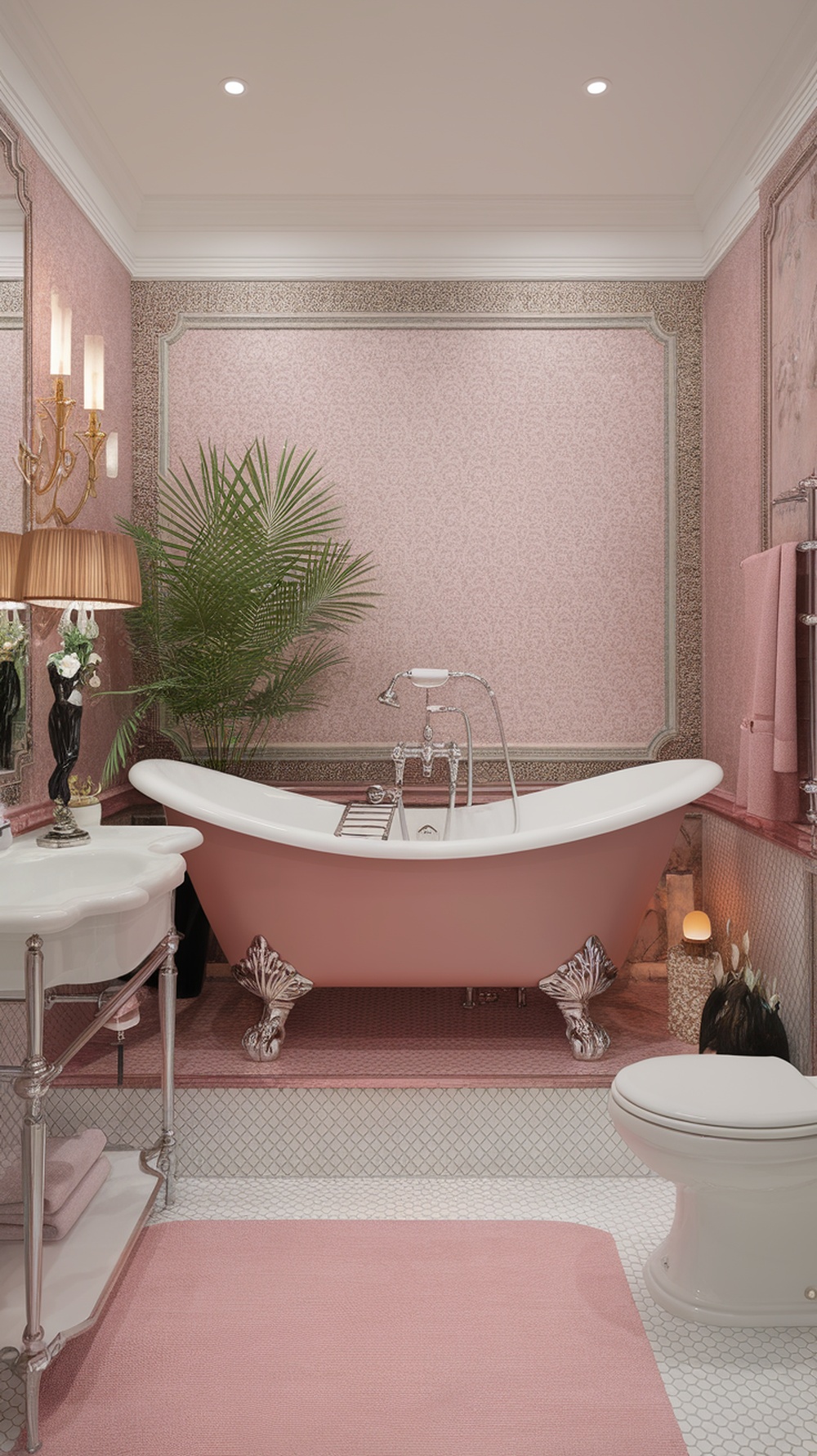 Elegant pink bathtub in a stylish bathroom with soft decor and accessories.