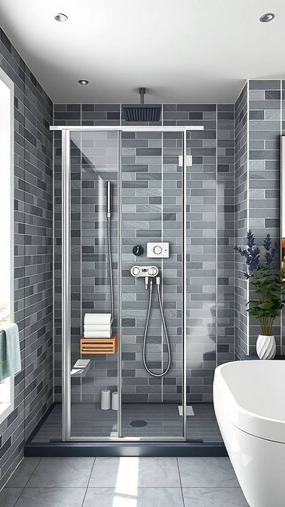 Modern Scandinavian bathroom with a stylish glass shower and neutral tile design
