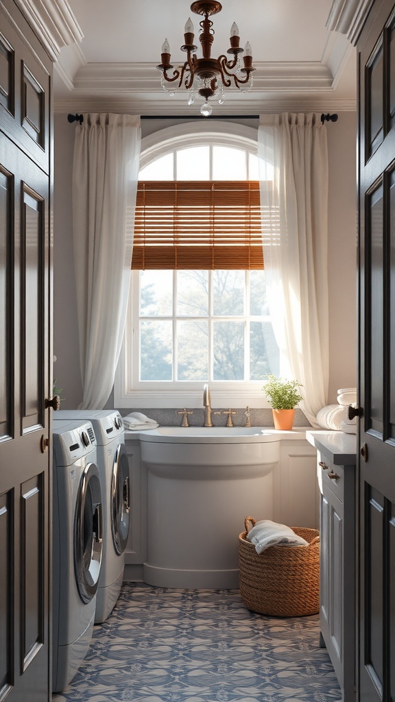 Elegant laundry room with stylish window treatments and a chandelier