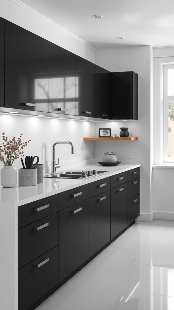 A modern kitchen featuring two-tone cabinets with black upper cabinets and a white countertop.