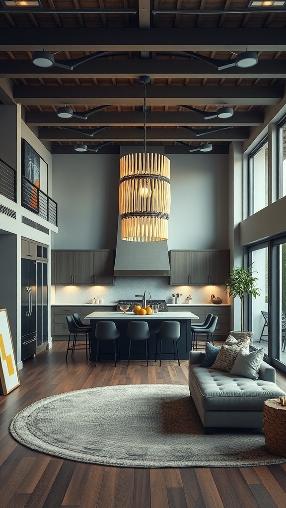 An elegant open kitchen and living room featuring a central chandelier, modern furniture, and a circular rug.
