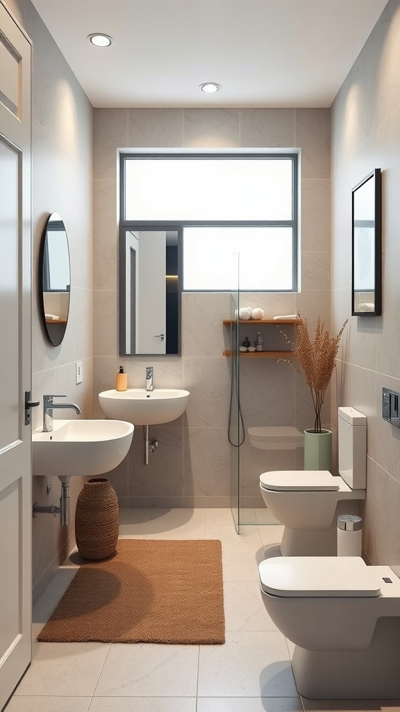 A minimalist bathroom featuring a wall-mounted sink, two modern toilets, and a glass shower, complemented by warm lighting and minimal decor.