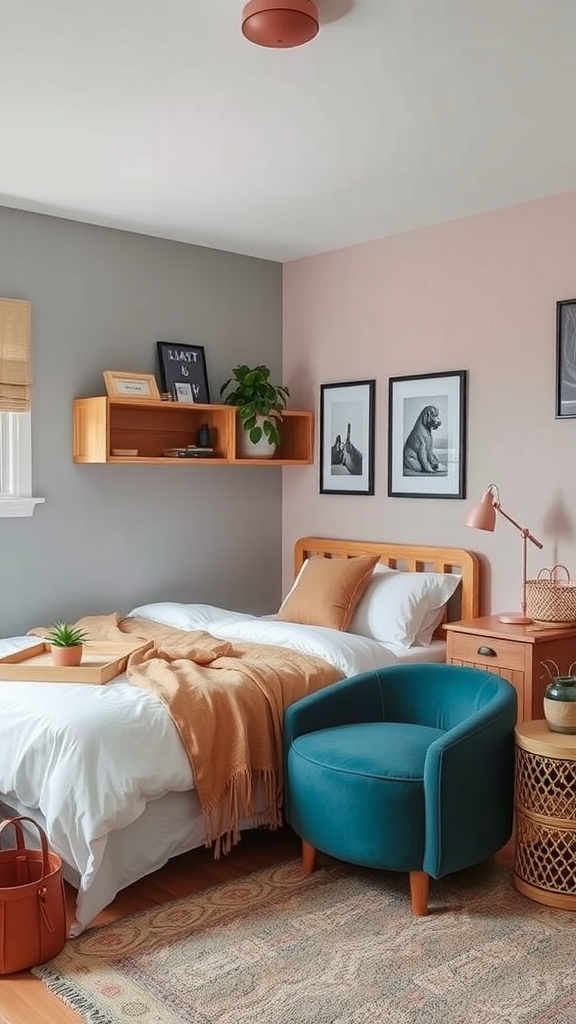 Cozy small bedroom with a mix of gray and pink walls, a wooden bed, and a turquoise chair.