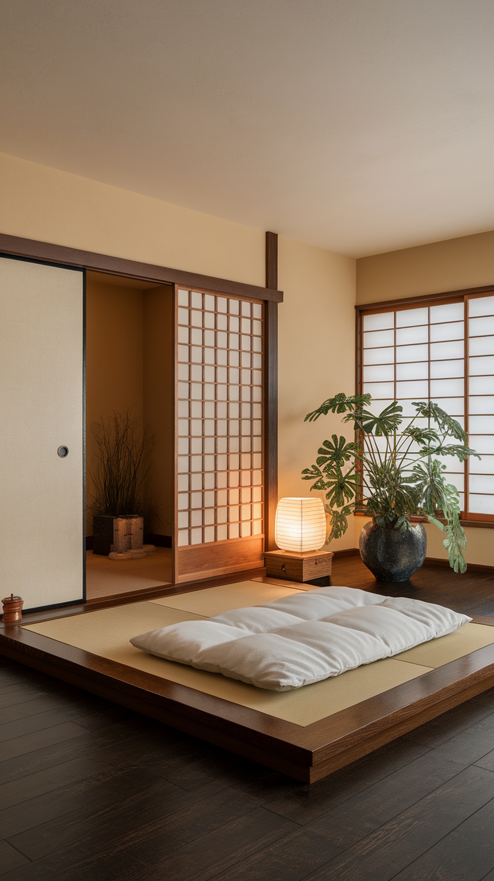 A serene Japanese bedroom showcasing traditional elements like tatami mats, low furniture, and soft lighting.