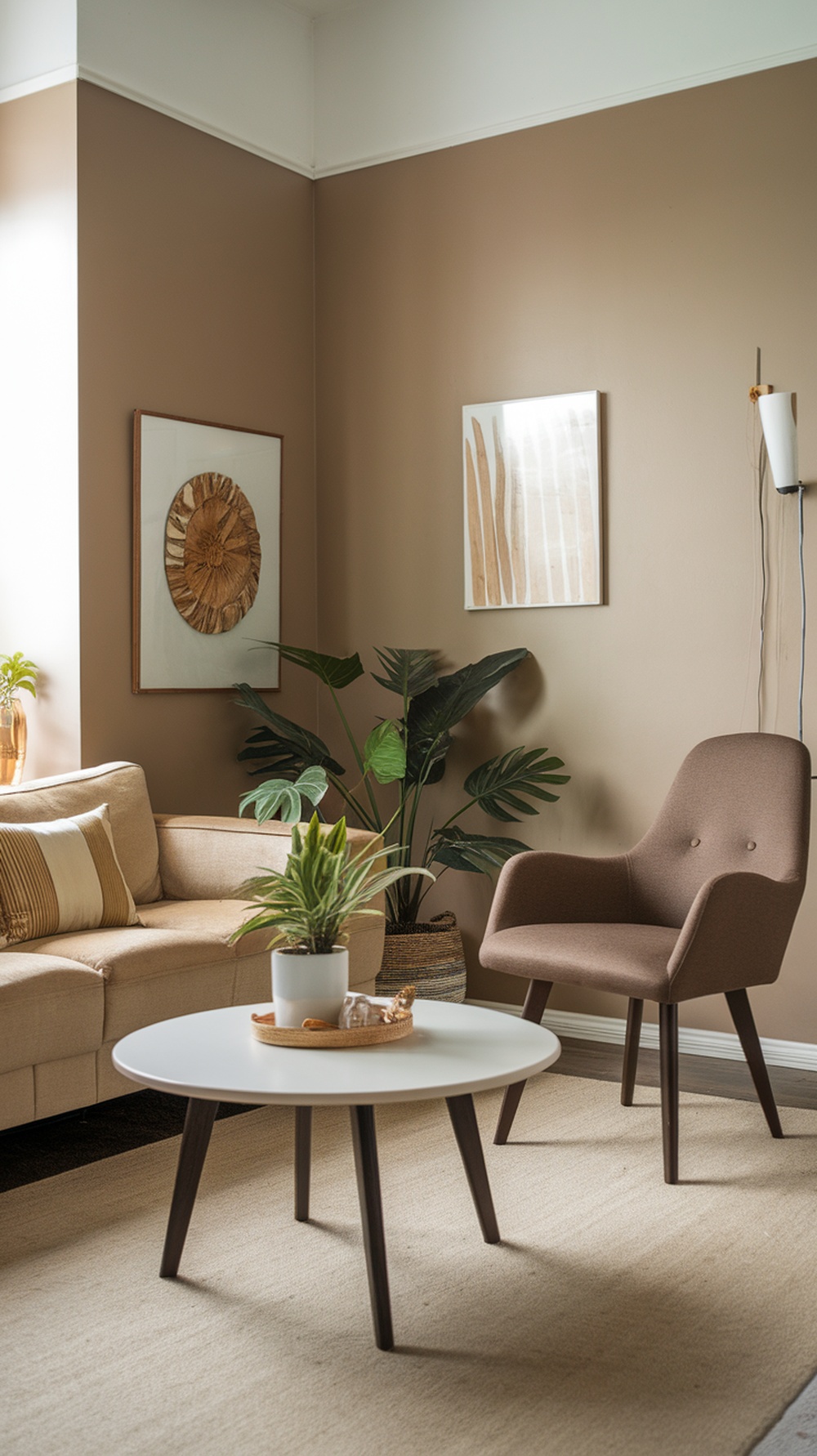 A small living room featuring a light brown couch, a stylish chair, a round coffee table, and decorative plants.