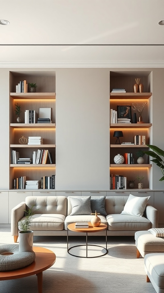A modern living room with floating shelves, showcasing books and decor, and a stylish sofa.