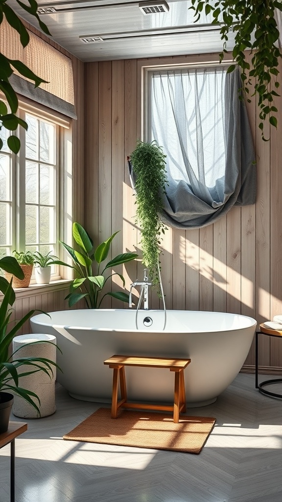 A modern Scandinavian bathroom featuring a freestanding bathtub surrounded by plants and wooden walls.
