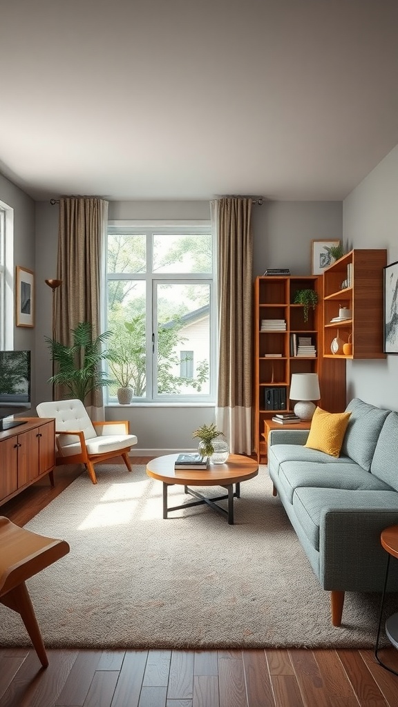 A mid century modern living room featuring a wooden bookshelf, stylish furniture, and a cozy area rug.
