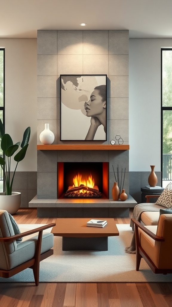 A modern mid century living room featuring a sleek fireplace and stylish decor.