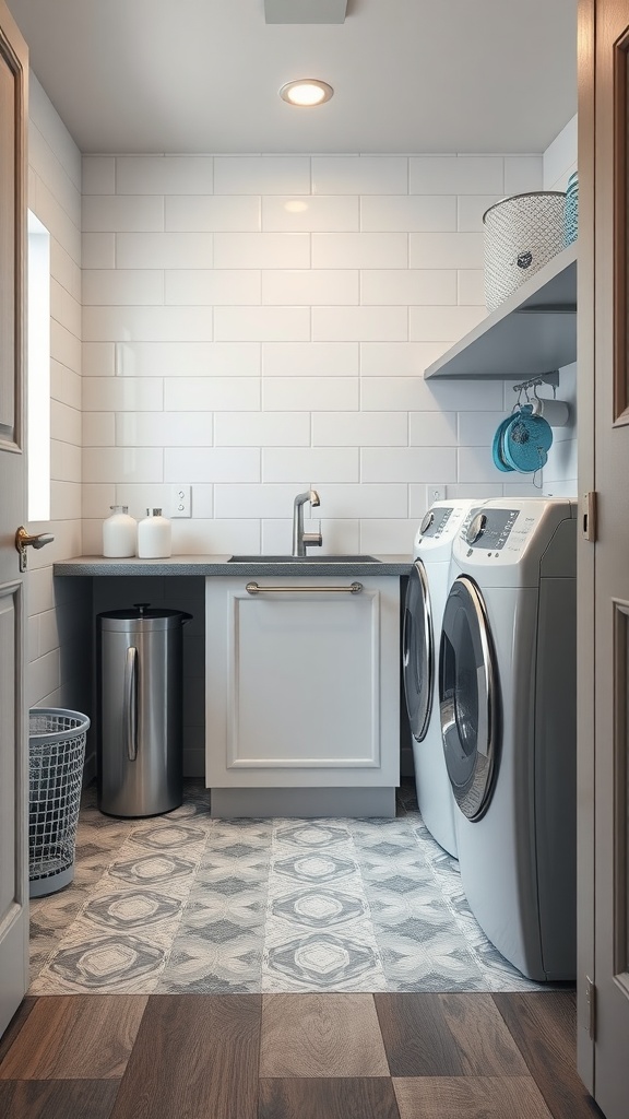 A small laundry room featuring a mix of patterned and wood-look tiles, with modern appliances and organized storage.