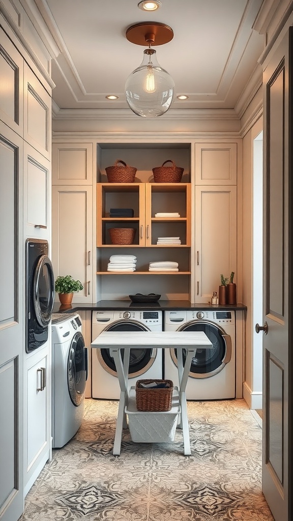 Functional folding area in an elegant laundry room with a folding table and organized storage.