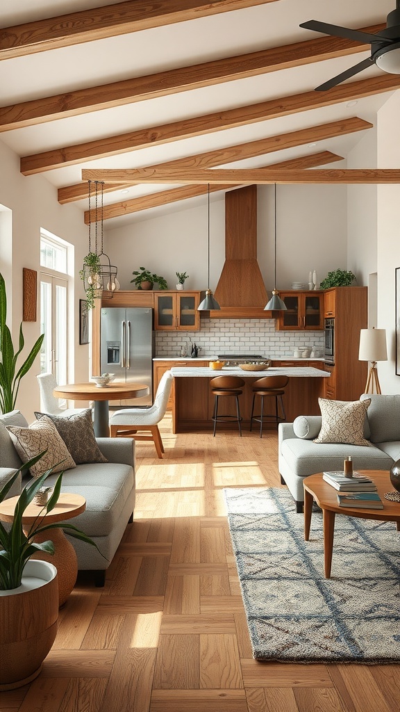 Open concept kitchen and living room with modern furniture and natural lighting