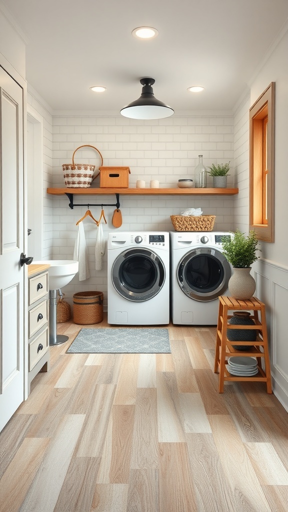 Functional laundry room with washer and dryer on wood-like flooring